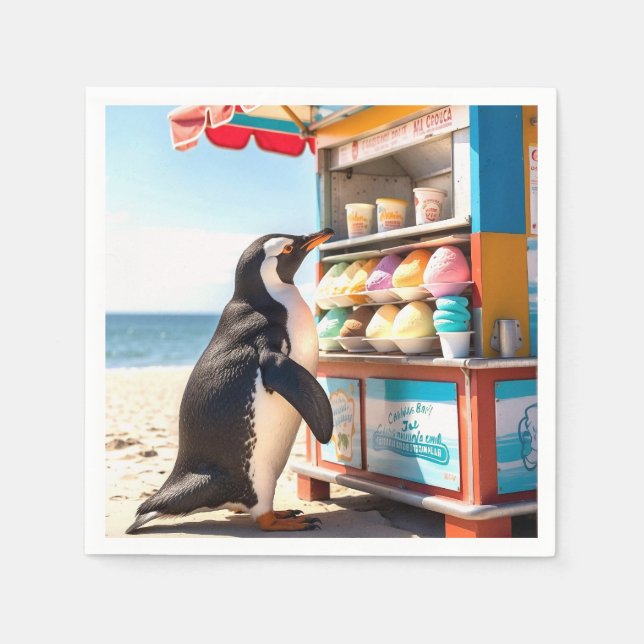 Guardanapo De Papel Pinguim de Verão no Stand de Sorvete (Frente)