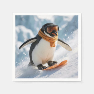 Guardanapo De Papel Pinguim descendo a ladeira de snowboard