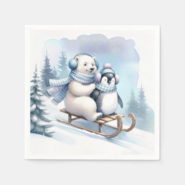 Guardanapo De Papel Pinguim e Urso Polar em um Sled (Frente)