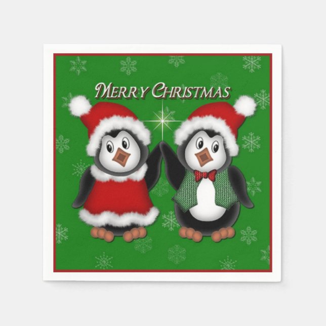 Guardanapo De Papel Pinguins bonitos verde Feliz Natal Napkins (Frente)