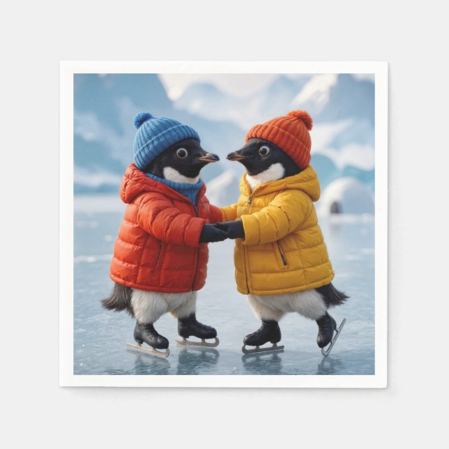Guardanapo De Papel Pinguins Patinando no Gelo (Frente)