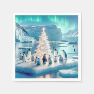 Guardanapo De Papel Pinguins reunidos em torno de uma árvore de Natal