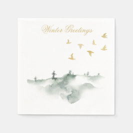 Guardanapo De Papel Pinheiros com aquarela e aves de inverno