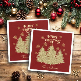 Guardanapo De Papel Pinheiros Dourados Flocos de Neve Dourados