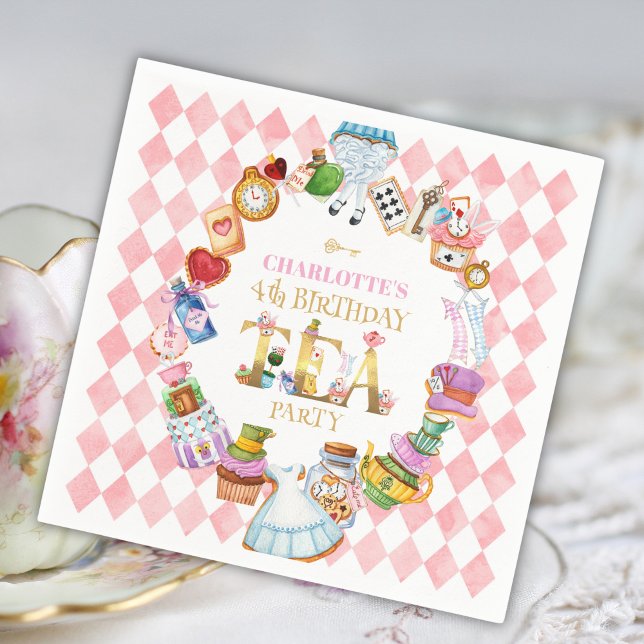 Guardanapo De Papel Pink Alice in Wonderland 4th Birthday   (Criador carregado)
