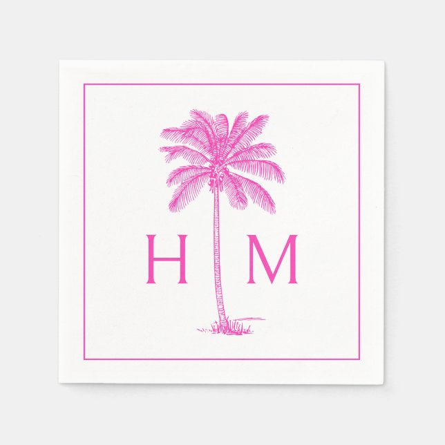 Guardanapo De Papel Pink and White Palm Palmetto Tree Monogram (Frente)