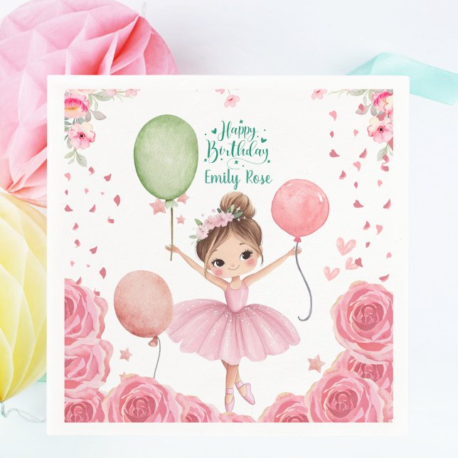 Guardanapo De Papel Pink Ballet Theme with Name & Balloons (Personalized Ballerina Birthday Party Napkins - Pink Ballet Theme with Name & Balloons)