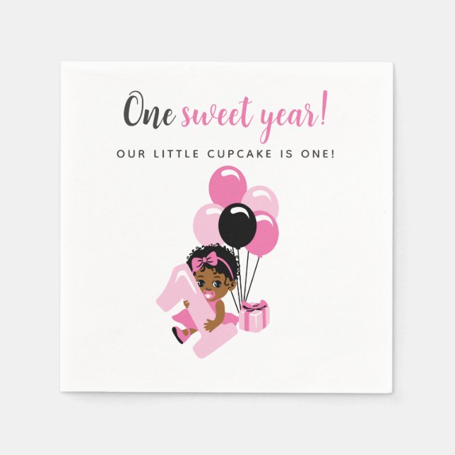 Guardanapo De Papel Pink Balloon Black Baby Girl 1st Birthday (Frente)
