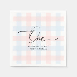 Guardanapo De Papel Pink Blue Gingham Primeiro Papel de Aniversário Na