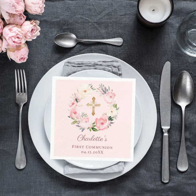 Guardanapo De Papel Pink blush floral wreath First Communion luncheon (Criador carregado)