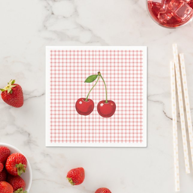 Guardanapo De Papel Pink Checked Paper Plates with Cherries  (Insitu)