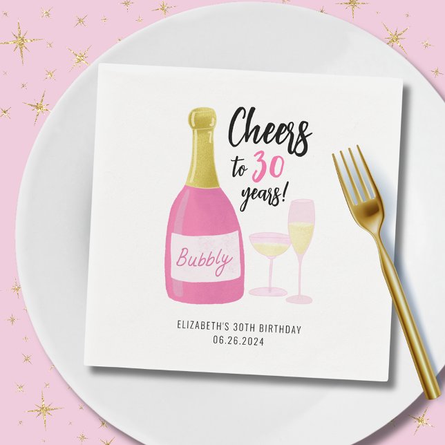 Guardanapo De Papel Pink Cheers to 30 anos de festa de aniversário de  (Cheers to 30 years pink champagne paper napkins.  Full 30th birthday party range collection.)