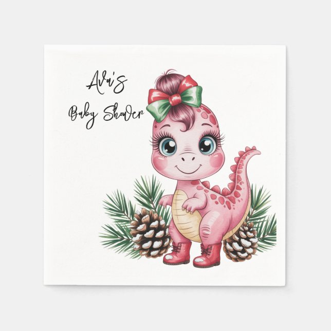 Guardanapo De Papel Pink Christmas Dino Girl Baby Shower (Frente)