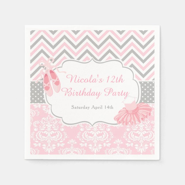 Guardanapo De Papel Pink & Cinza Chevron Ballerina Aniversário (Frente)