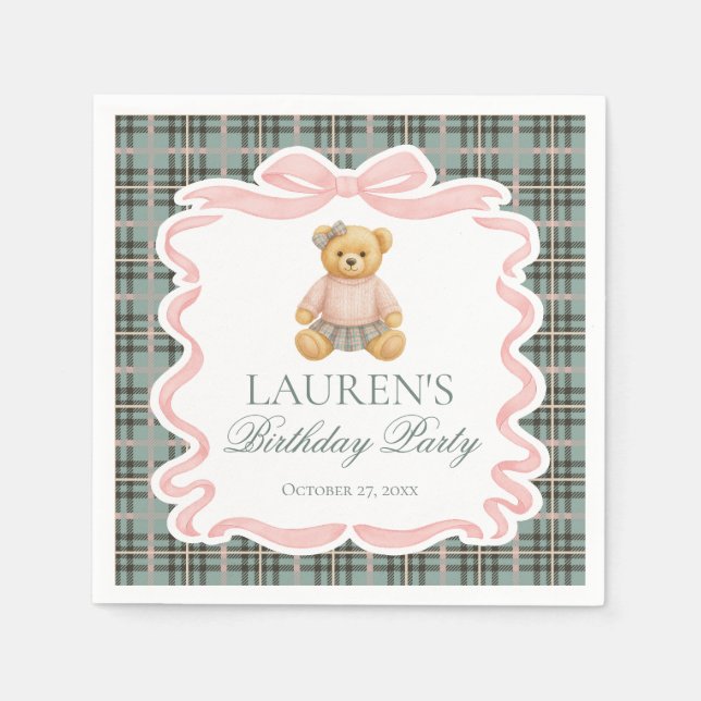 Guardanapo De Papel Pink Coquette Bow Bear Tartan Plaid Birthday (Frente)