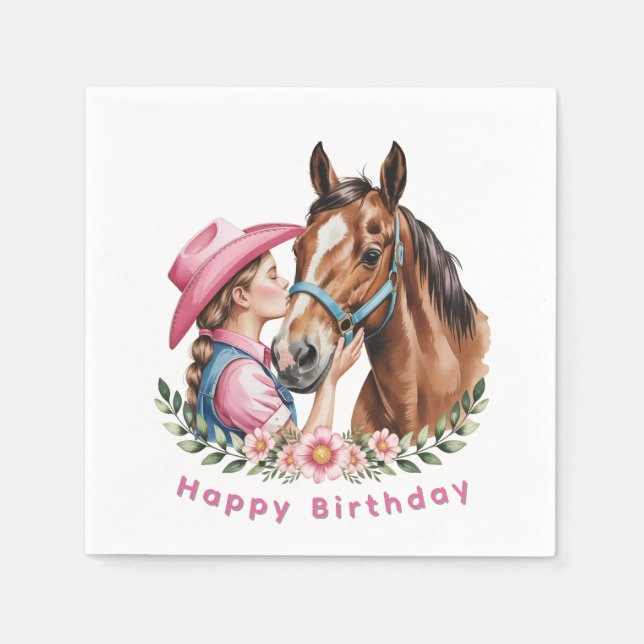Guardanapo De Papel Pink Cowgirl Kissing a Horse Birthday Party (Frente)