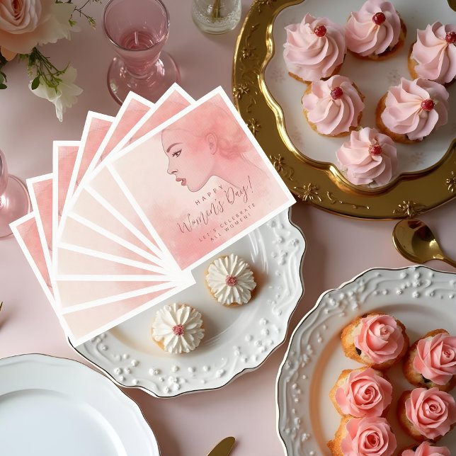 Guardanapo De Papel Pink Delicate Minimalist Woman Happy Women's Day (Delicate Minimalist Woman in Pink Happy Women's Day Napkins. Let's Celebrate All Women Custom Quote.)