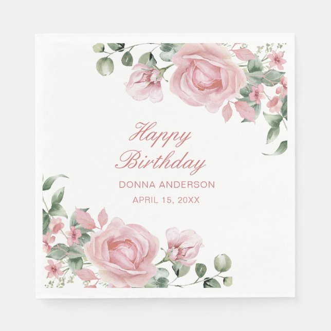 Guardanapo De Papel Pink Floral Rose Birthday Party Plate (Frente)