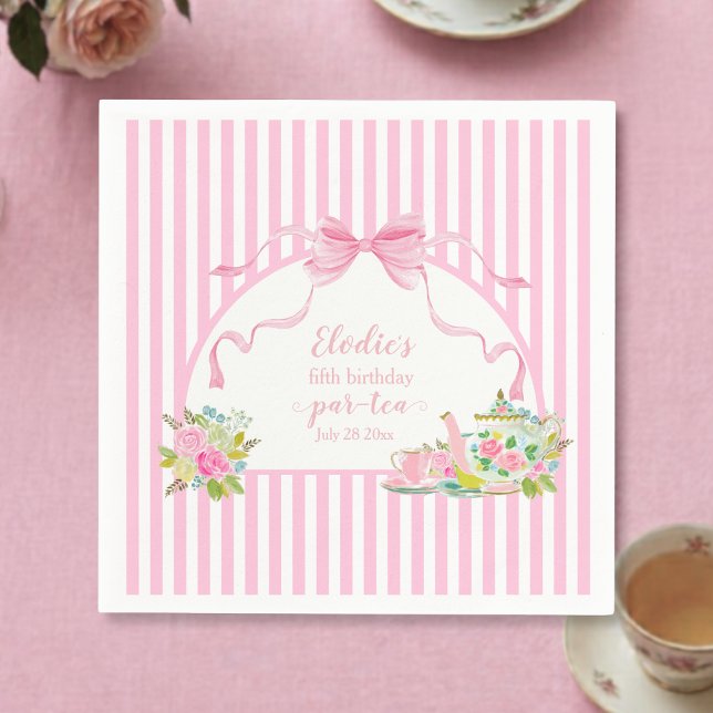 Guardanapo De Papel Pink Floral Stripe Let's Par-tea Birthday (pink coquette bow floral stripe lets par-tea birthday party napkin)