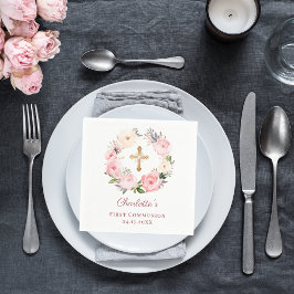 Guardanapo De Papel Pink floral wreath girl First Communion