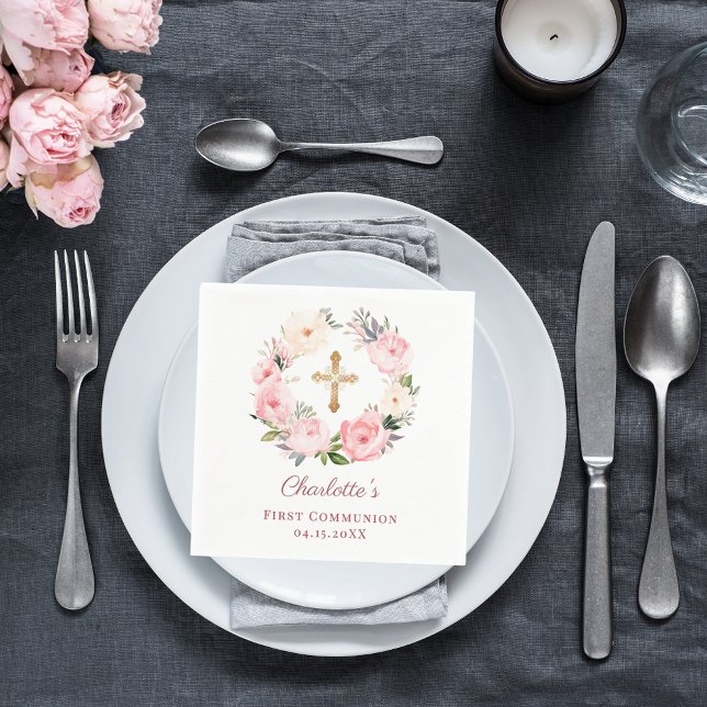 Guardanapo De Papel Pink floral wreath girl First Communion (Criador carregado)