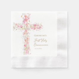 Guardanapo De Papel  pink flowers cross First Holy Communion