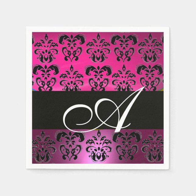 GUARDANAPO DE PAPEL PINK, FUCHSIA PRETO, PURPLE DAMASK MONOGRAMA BRANC (Frente)
