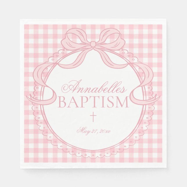 Guardanapo De Papel Pink Gingham Coquette Bow Baptism Table Decor (Frente)