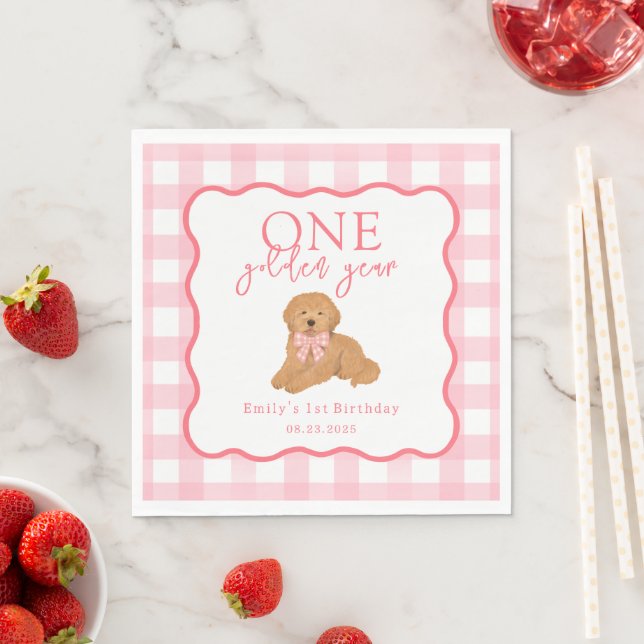 Guardanapo De Papel Pink Gingham One Golden Year Doodle Puppy (Insitu)
