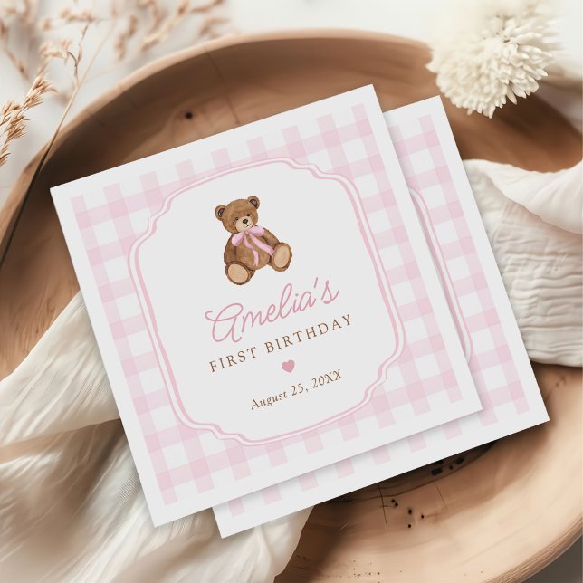 Guardanapo De Papel Pink Gingham Teddy Bear Beary First Birthday (Criador carregado)