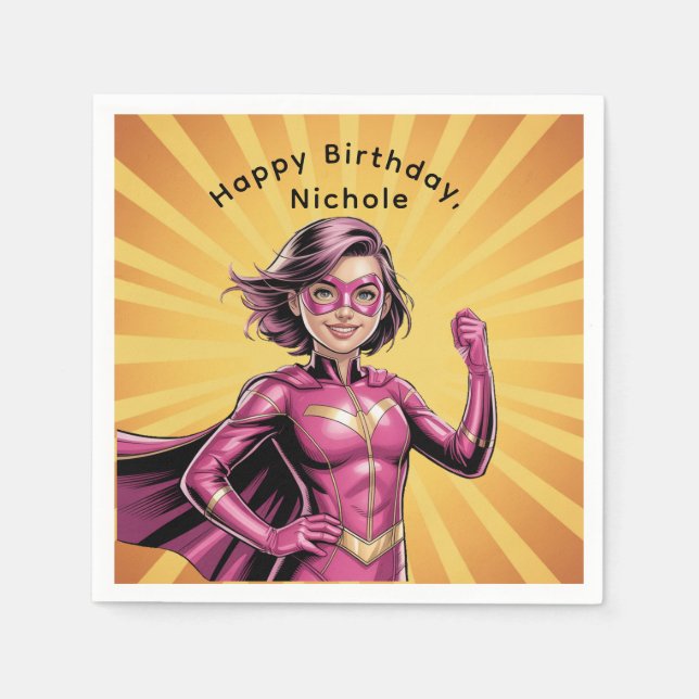Guardanapo De Papel Pink Girl Superhero Birthday Party (Frente)