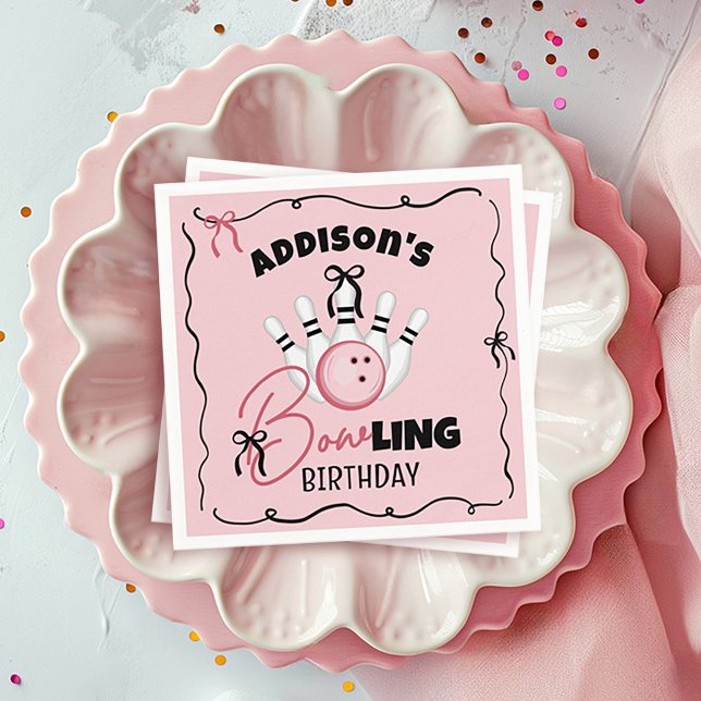 Guardanapo De Papel Pink Hand Drawn BOWling Bows Girl Birthday Party (Cute funny BOWling theme girly pink and black bows custom name girl birthday party paper napkins)