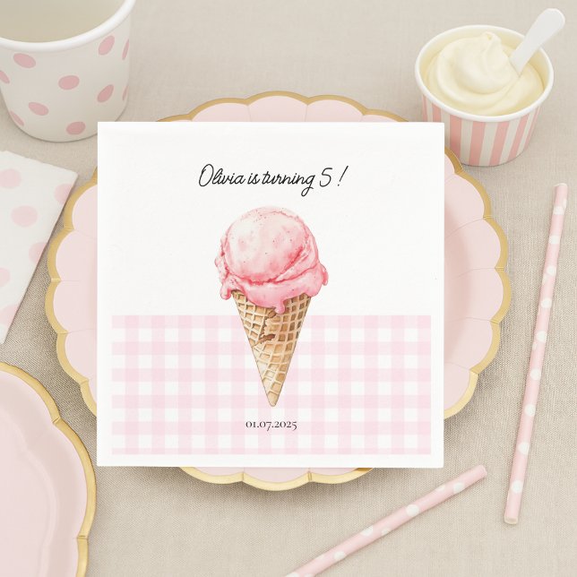 Guardanapo De Papel Pink Ice Cream Cone Birthday Napkin | Personalized (Criador carregado)