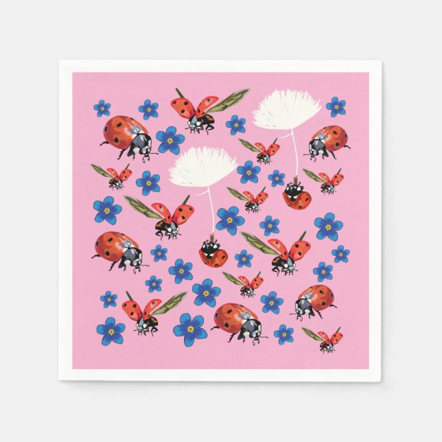 Guardanapo De Papel Pink Ladybugs Cute Spring Napkins (Frente)