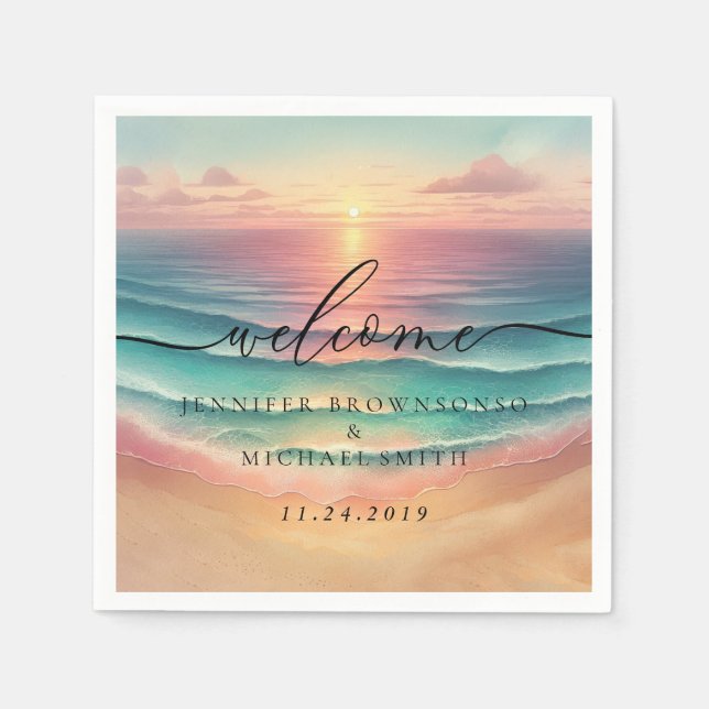 Guardanapo De Papel Pink Ocean Beach Signature sunset Welcome Wedding (Frente)