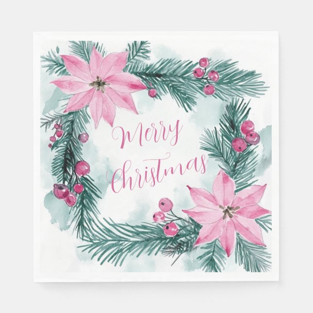 Guardanapo De Papel Pink Poinsettias Papel Floral de Natal Napkin (Frente)