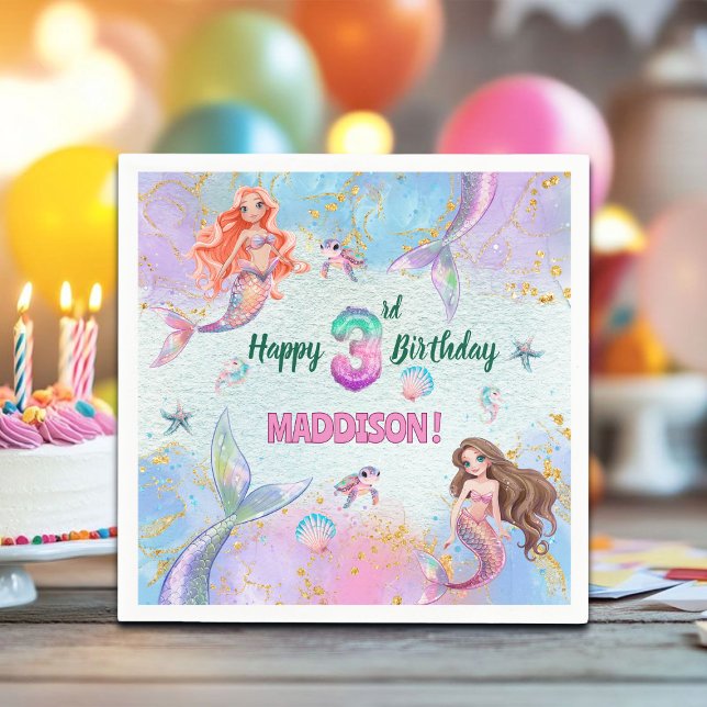 Guardanapo De Papel Pink Purple Glitter Mermaids 3rd Birthday Party (Criador carregado)