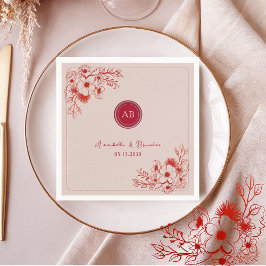 Guardanapo De Papel Pink Red Floral Monogram Wedding