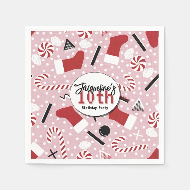 Guardanapo De Papel Pink Retro Christmas Peppermint Birthday (Frente)