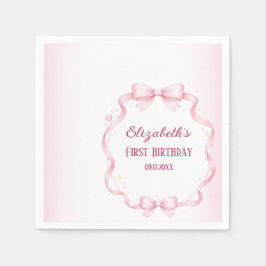 Guardanapo De Papel Pink Ribbon Bow First Birthday Square Sticker