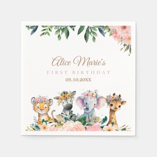 Guardanapo De Papel Pink Safari Theme Birthday Party (Frente)