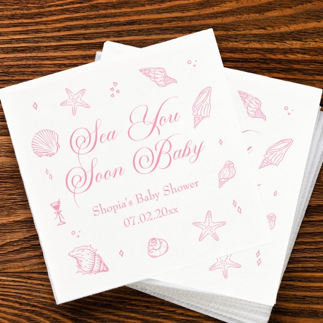 Guardanapo De Papel Pink Sea You Soon Coastal Baby Shower  (Criador carregado)
