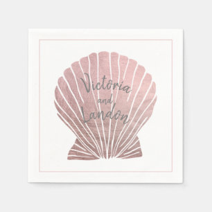 Guardanapo De Papel Pink Silver Metallic Seashell Name Beach Weding 