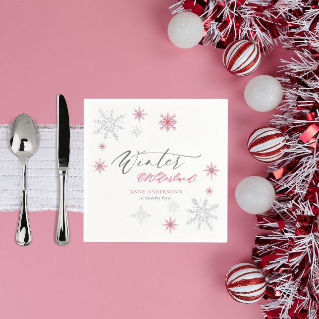 Guardanapo De Papel Pink Silver Winter Snowflakes 1st Birthday  (Criador carregado)