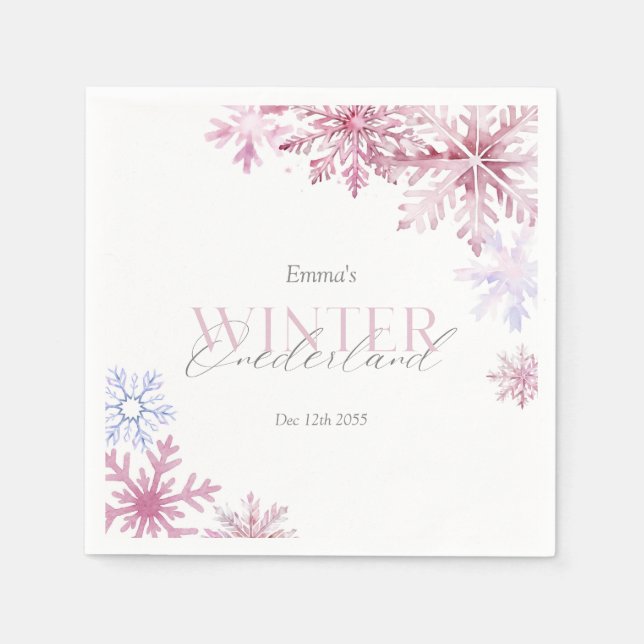 Guardanapo De Papel Pink Snowflake Winter Wonderland First Birthday  (Frente)