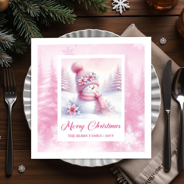Guardanapo De Papel Pink Snowman Christmas Scene Napkins Winter Forest (Pink Snowman Christmas Scene Napkins Winter Forest)
