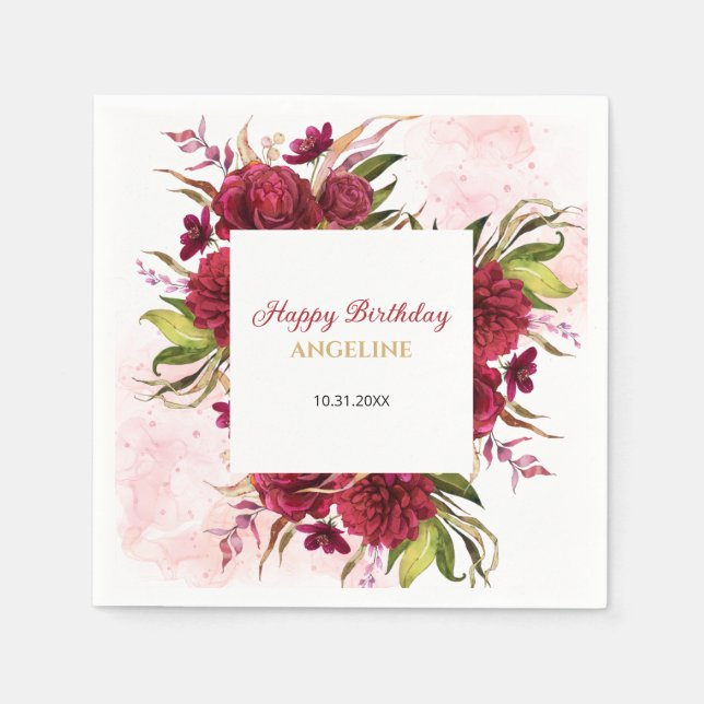 Guardanapo De Papel Pink Splash Burgundy Dahlia Rosa Birthday (Frente)