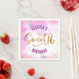 Guardanapo De Papel Pink Sweet 16 Watercolor Glam Girly Birthday