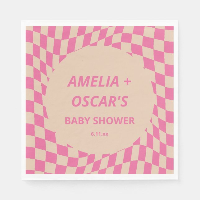 Guardanapo De Papel Pink Wavy Checker Couples Baby Shower Names (Frente)