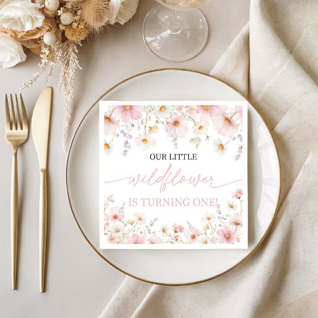 Guardanapo De Papel Pink Wildflower 1st Birthday Napkins (Criador carregado)